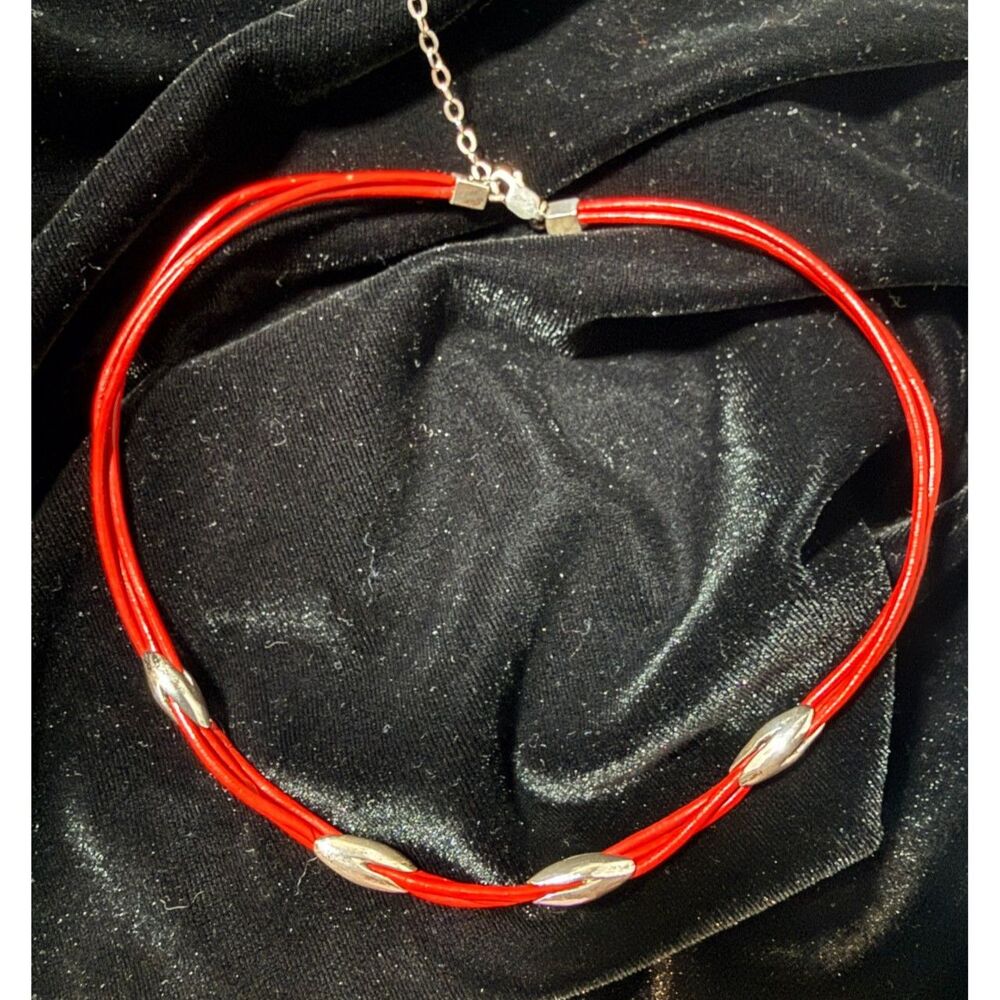 Vintage Multi Strand Red Leather Cord & Silver Bead Choker Necklace